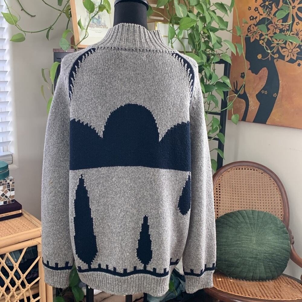 M.i.H Jeans London Gray & Navy Wool Knit Button Up Forest Tree Cardigan Sweater